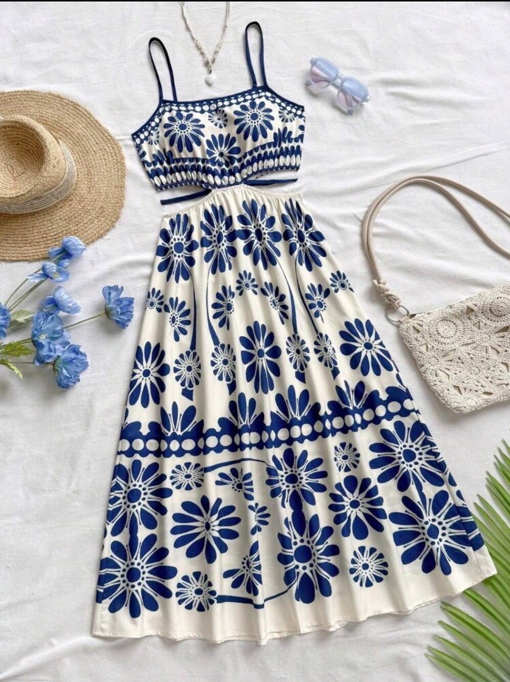 Blue & White Tropical Floral Dress